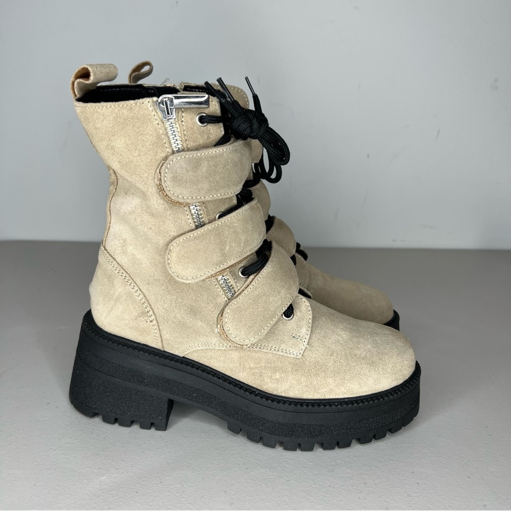 Free People Beige Latte Suede Emmet Lace Up Velcro Strap Up Boots Size 8